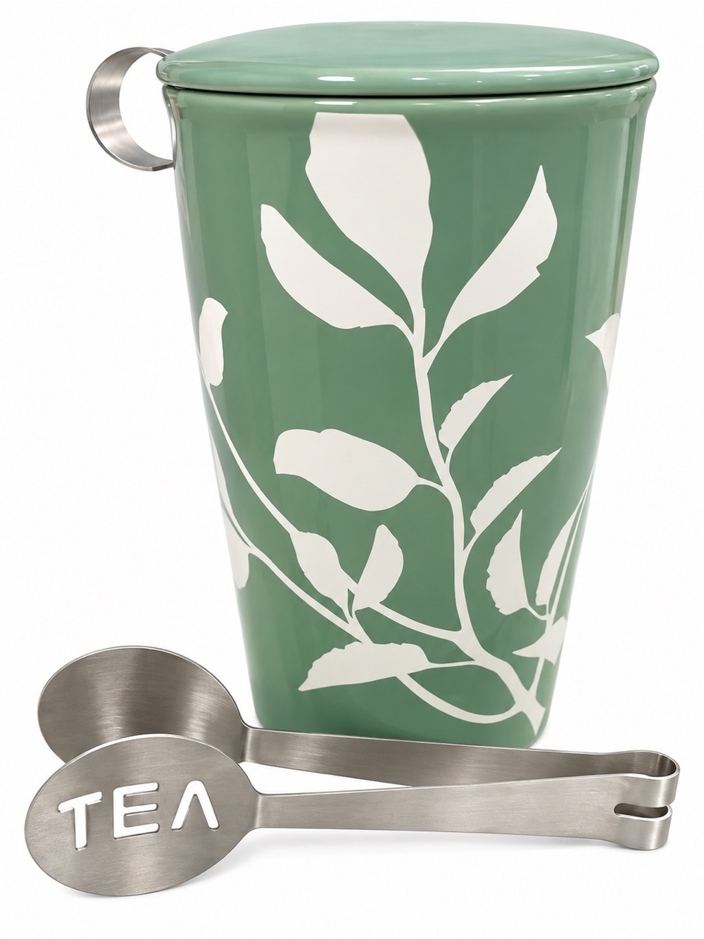 Green Ceramic Tea Canister with White Leaf Design and Stainless Scoop. Like New